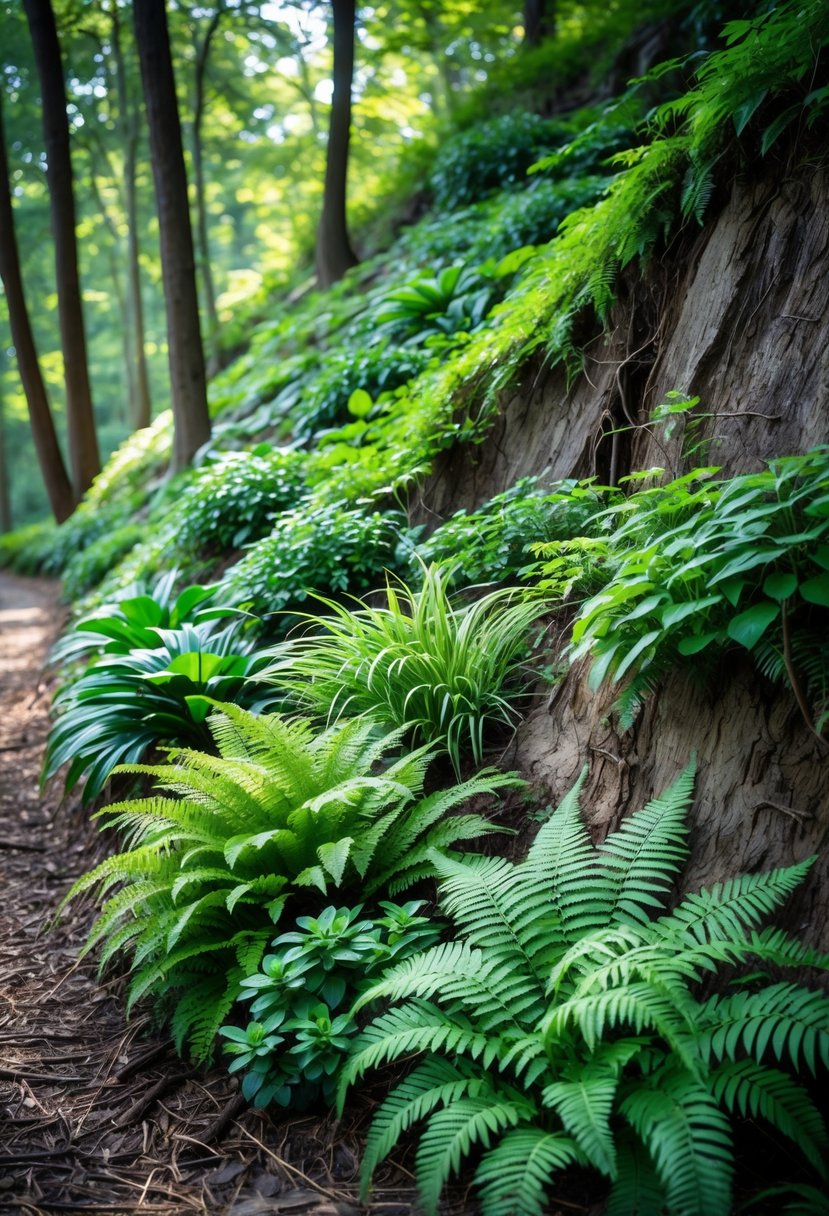 A steep shaded garden slope densely planted with various green ferns covering the bank in a natural woodland setting.