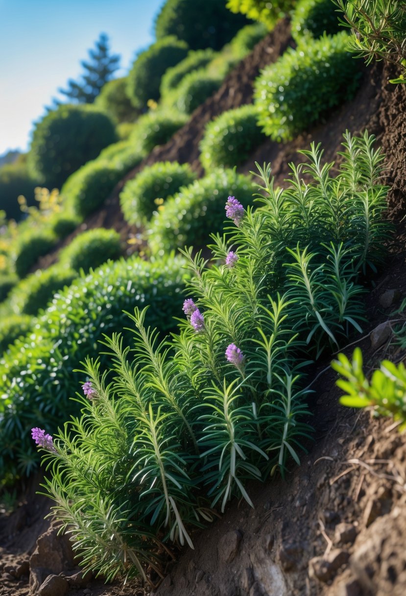Steep garden slope covered with dense green rosemary plants with small purple flowers, preventing soil erosion.