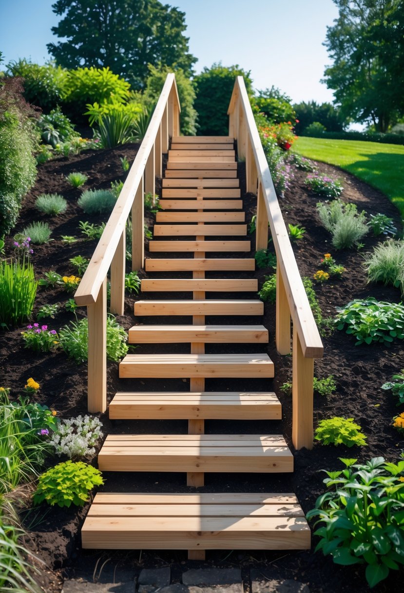 Wooden staircase built into a steep garden slope surrounded by plants and greenery.