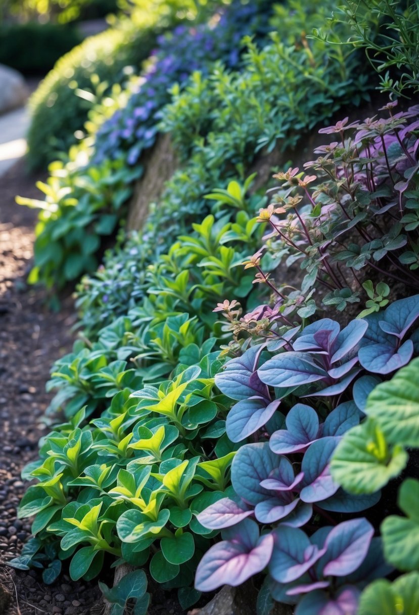 A steep garden slope covered with colorful ajuga ground cover plants in green, purple, and blue shades.
