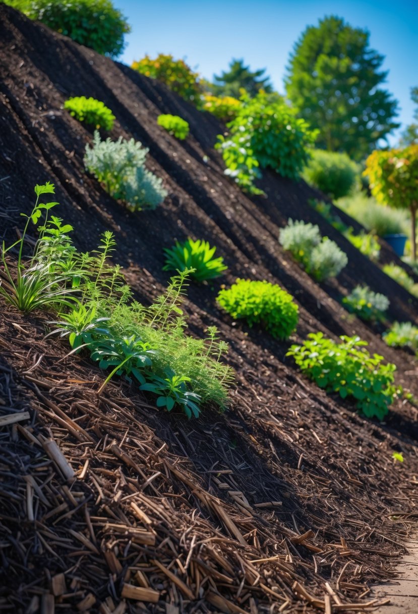 A steep garden bank covered with mulch and green plants to prevent soil erosion.