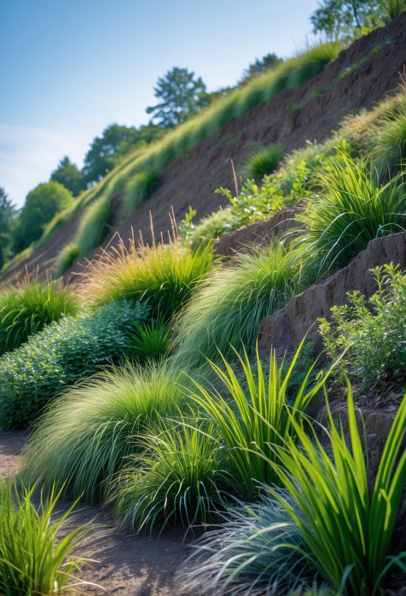 A steep garden bank densely planted with various green sedge grasses and other low-maintenance plants.