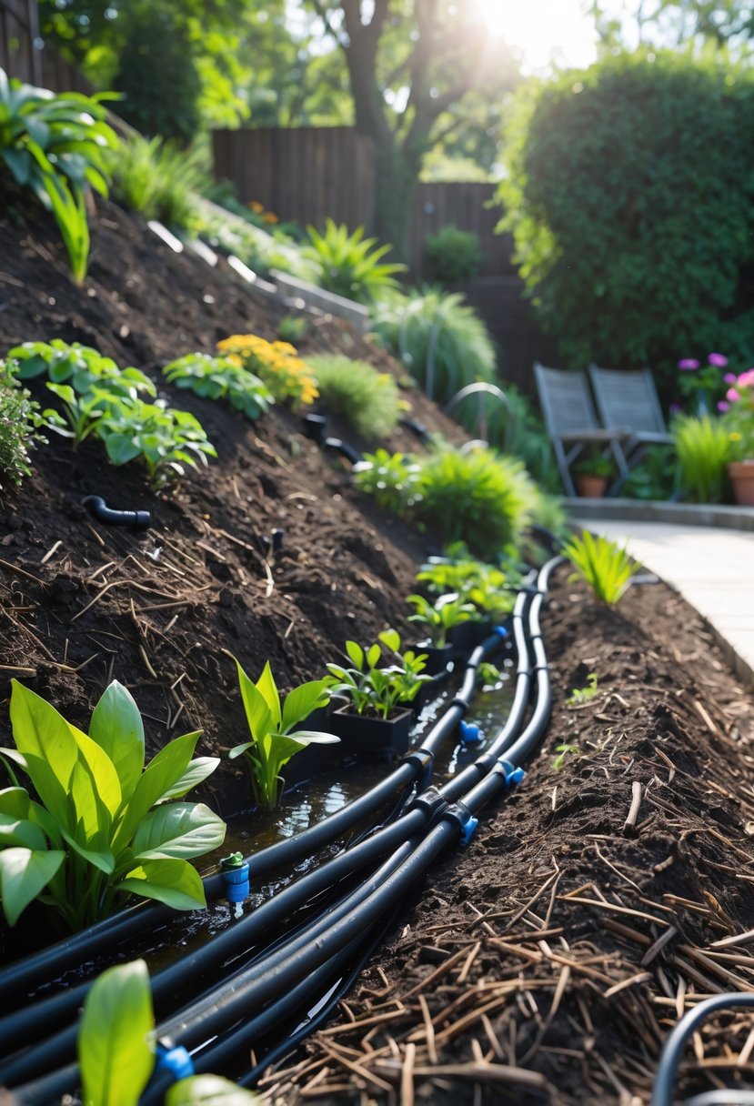 A steep garden slope with drip irrigation tubing watering green plants and moist soil.