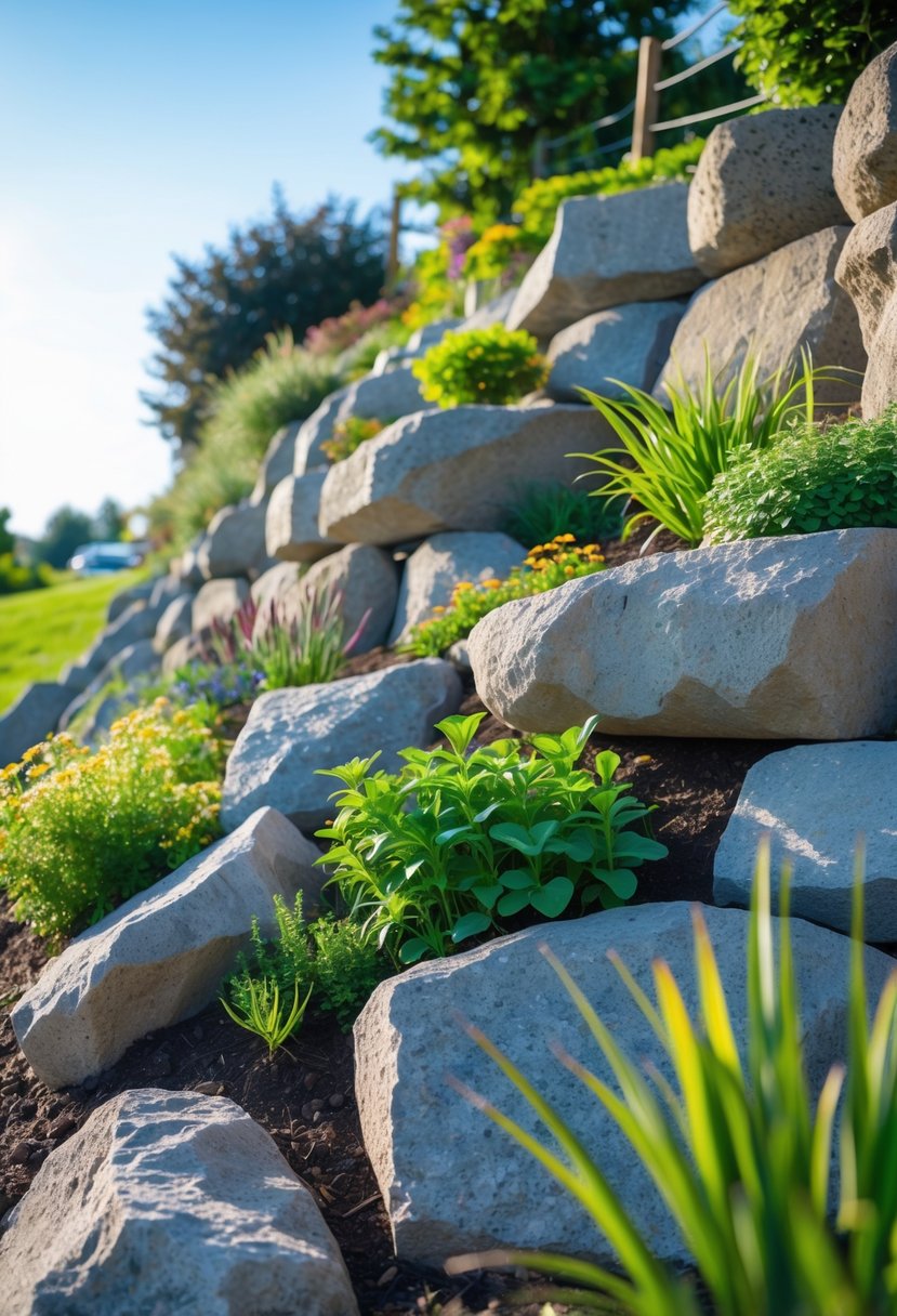 A steep garden bank with large natural boulders used as retaining walls, surrounded by green plants and flowers.