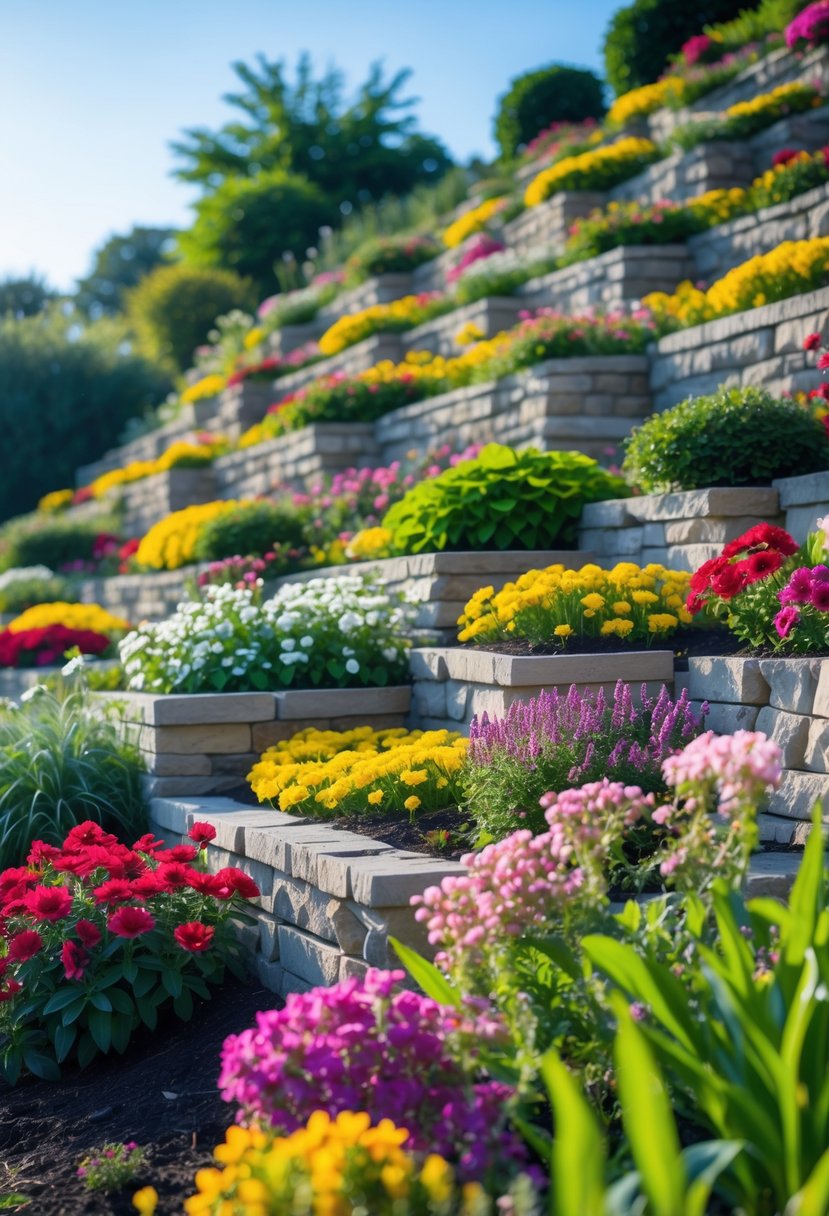 Terraced flower beds on a steep garden slope filled with colorful blooming perennial flowers and natural stone walls.
