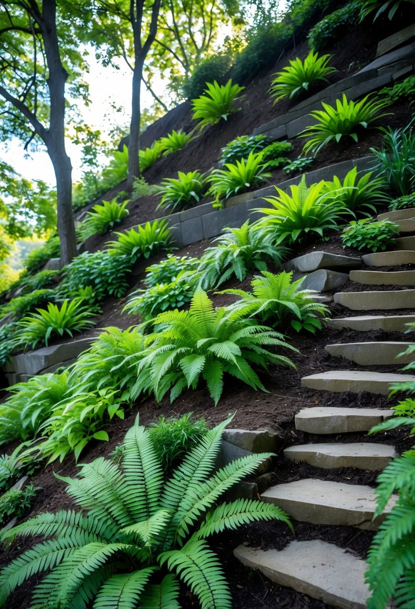 A shady slope garden densely planted with green hardy ferns on a steep bank with natural stone terraces.
