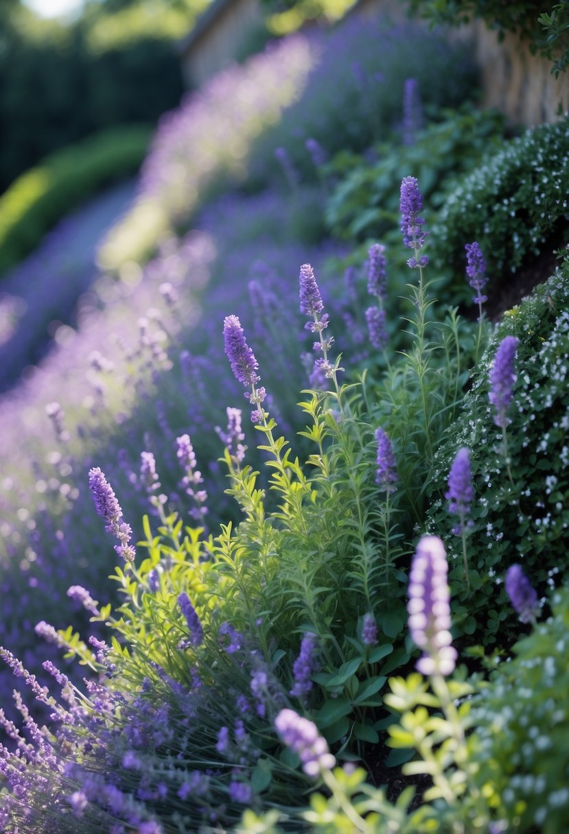 Steep garden bank covered with cascading lavender flowers and creeping thyme ground cover.