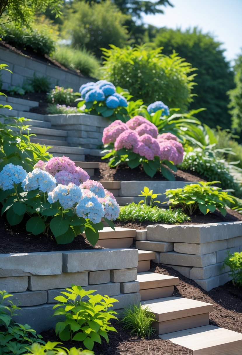 A steep garden bank with blooming hydrangea shrubs, terraced stone walls, wooden steps, and green plants under a clear sky.