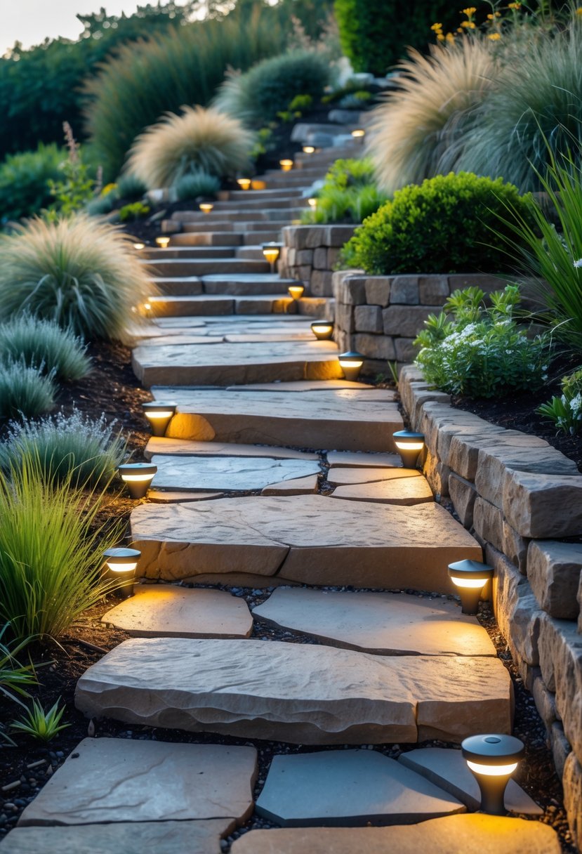 A winding stone pathway with solar lights on a steep garden bank surrounded by plants.