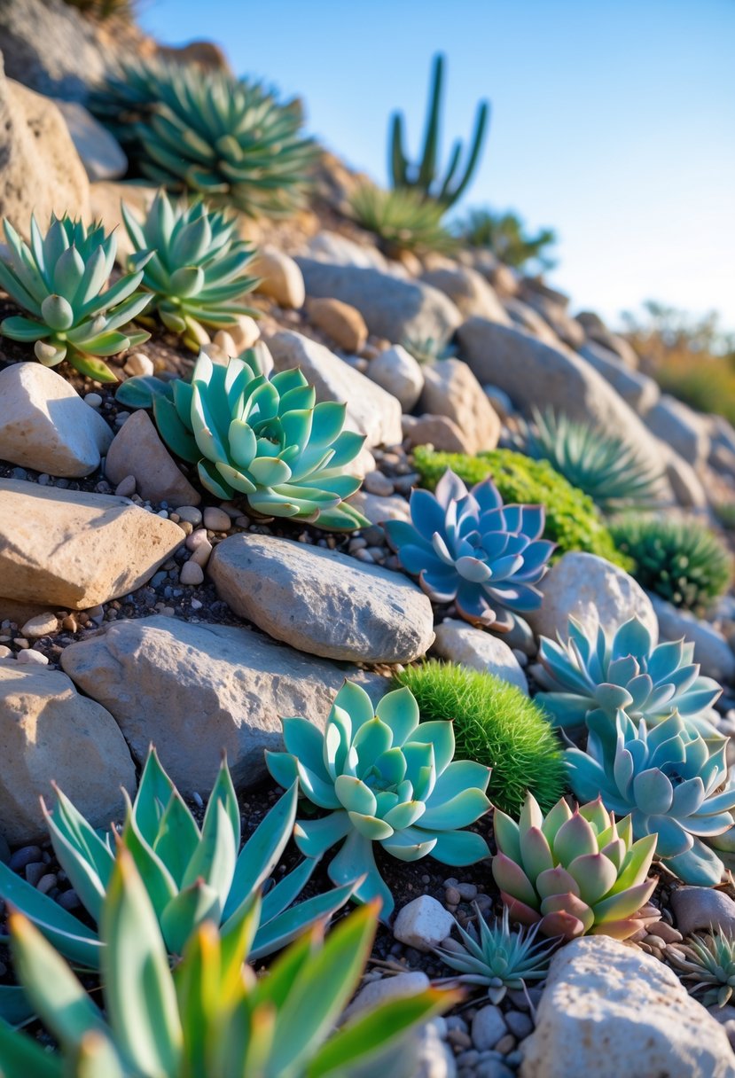 A steep rock garden planted with various drought-tolerant succulents and stones under clear sunlight.