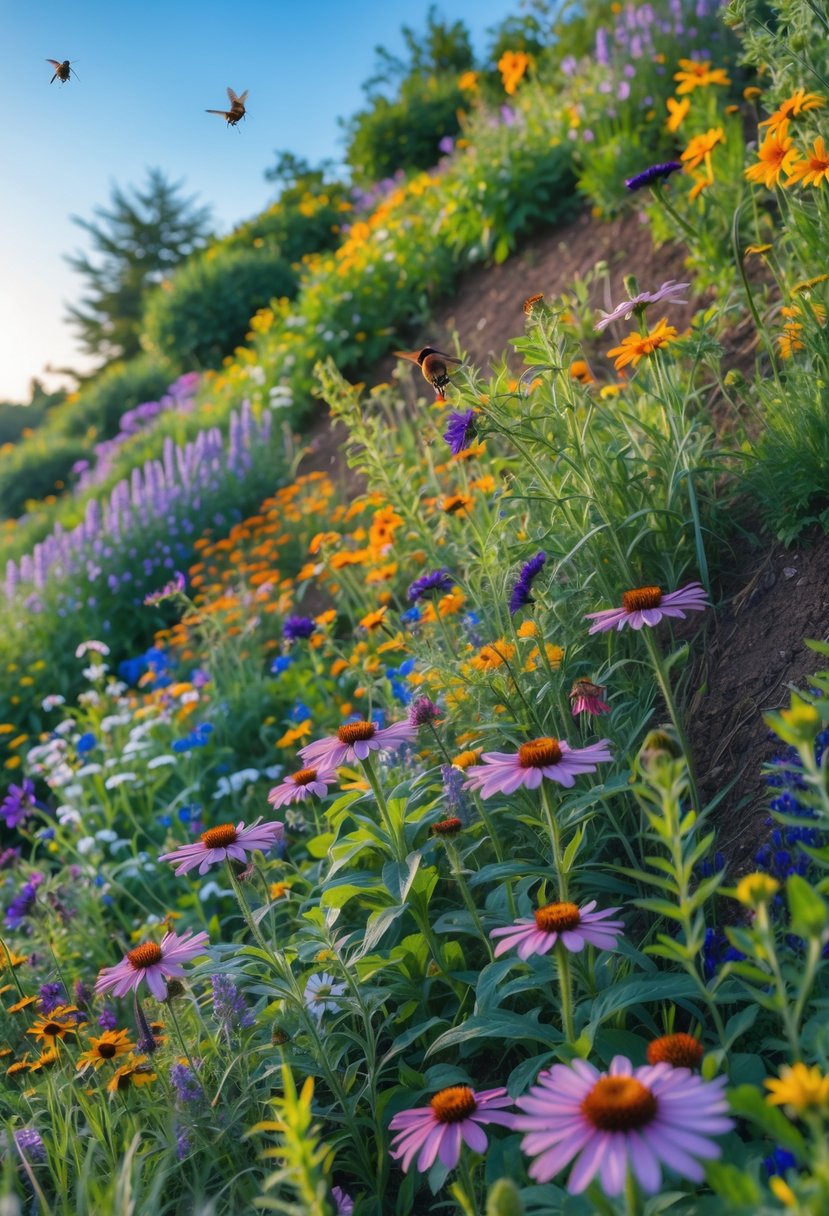 A steep garden bank covered with colorful native wildflowers attracting bees and butterflies on a sunny day.