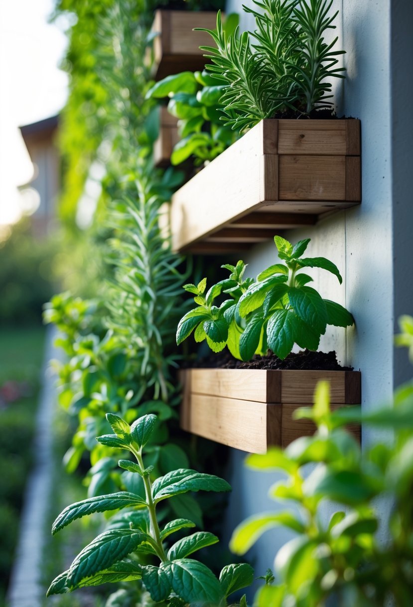 Vertical garden wall on a steep bank filled with green rosemary and mint plants.