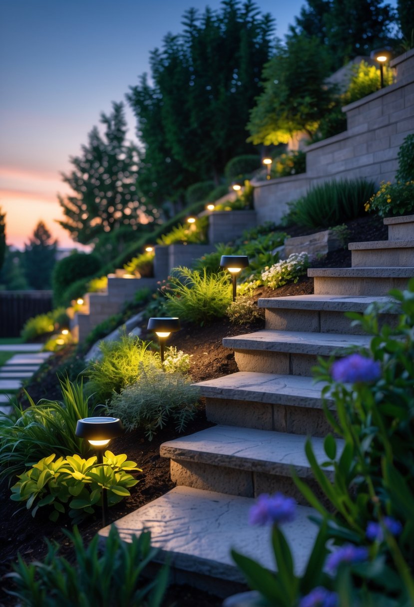 A steep garden bank with plants and solar garden lights glowing softly at dusk.