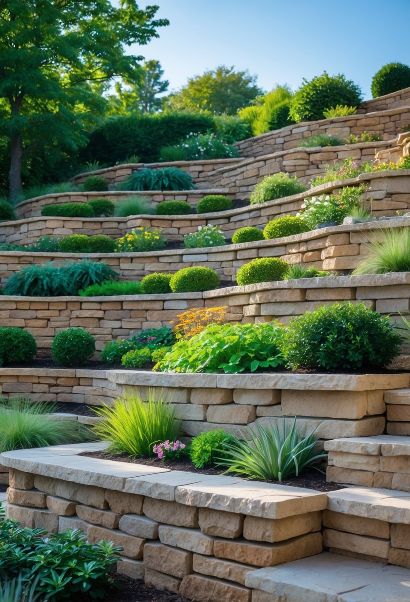 Steep garden with stepped natural stone retaining walls and various green plants on each terrace under a clear sky.
