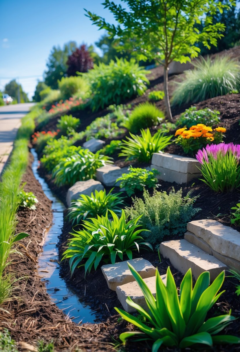A rain garden on a steep bank with green plants and flowers designed to manage water runoff.