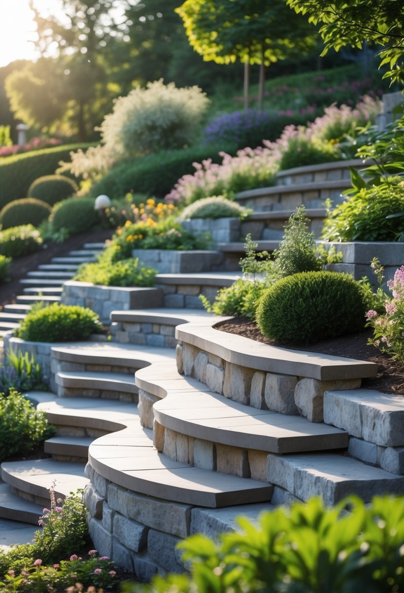 Multi-level seating areas carved into a steep garden slope surrounded by plants and greenery.