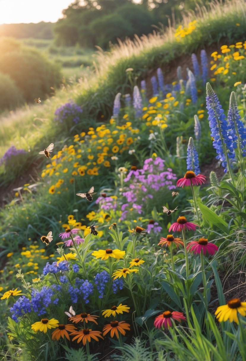 A steep garden bank covered with colorful native wildflowers attracting bees and butterflies.