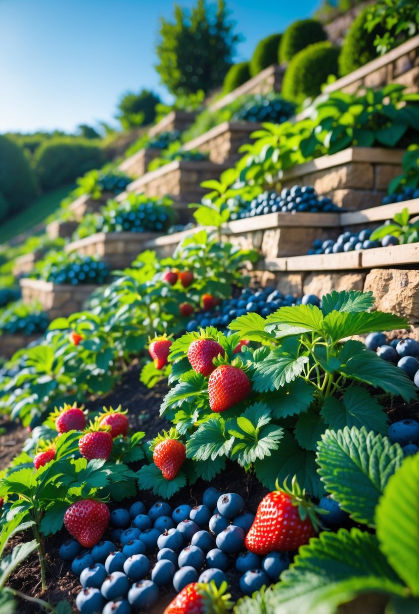 A hillside garden with ripe strawberries and blueberries growing on a steep, terraced slope.
