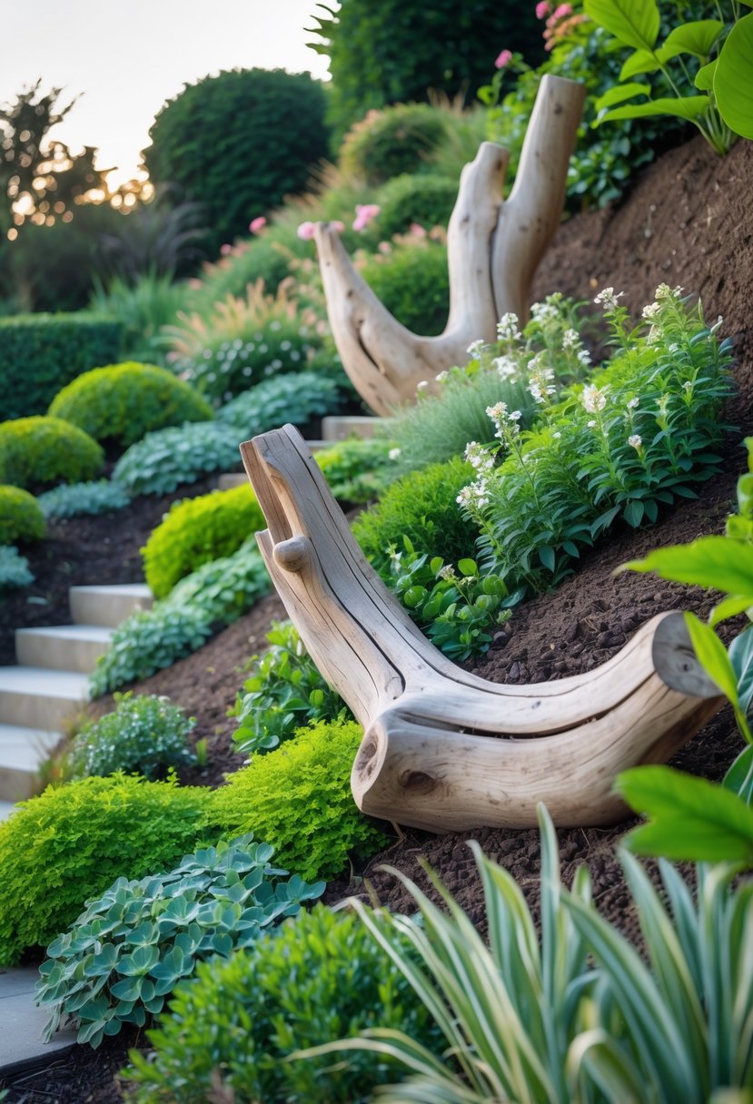 A steep garden bank with driftwood art pieces surrounded by green plants and flowers.