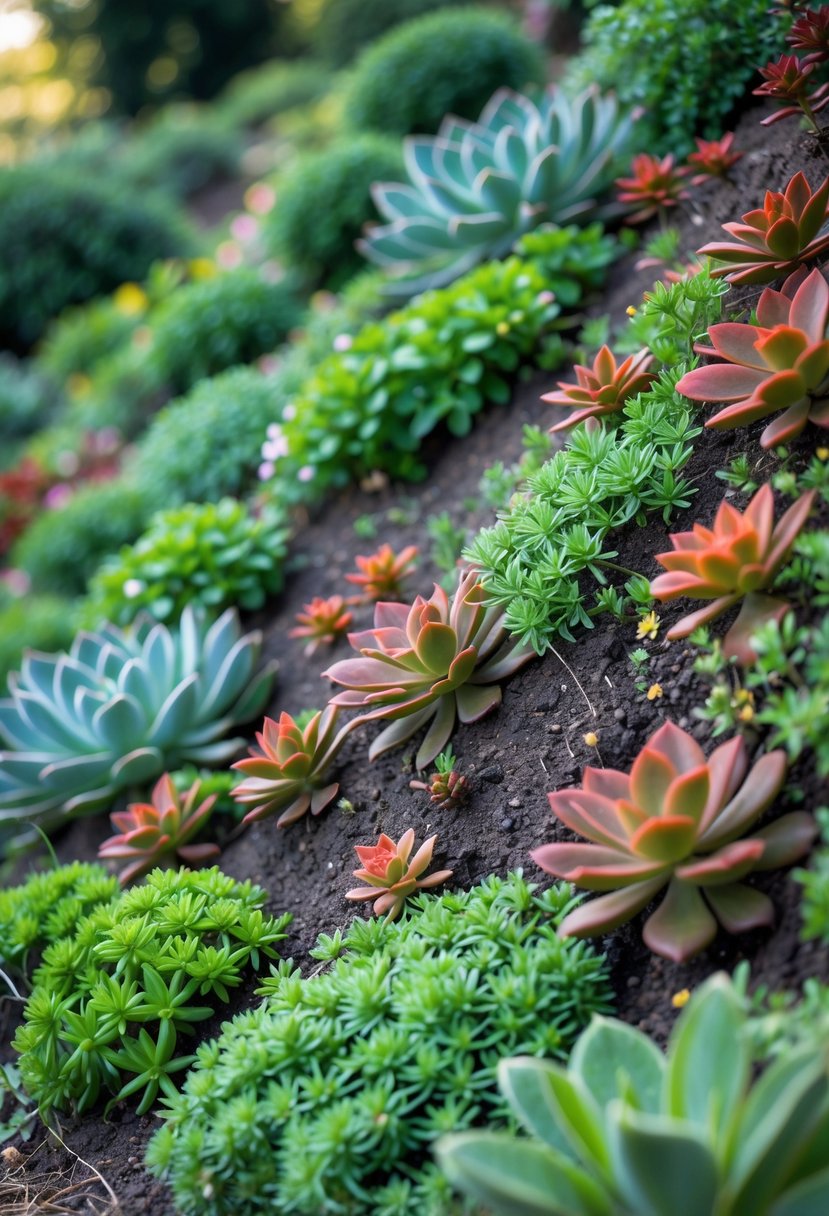 A steep garden bank densely covered with green and reddish sedum plants.