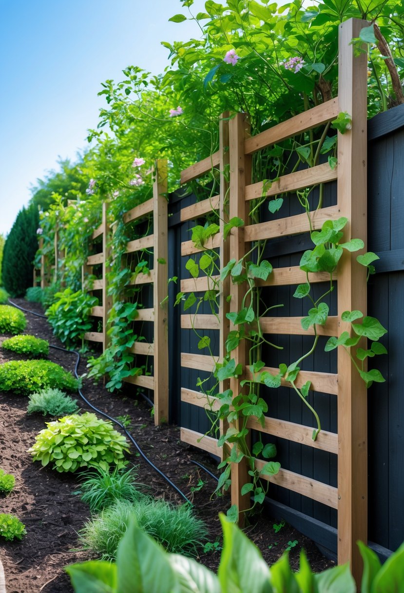 A garden with climbing vines growing on trellises attached to fences on a steep bank.