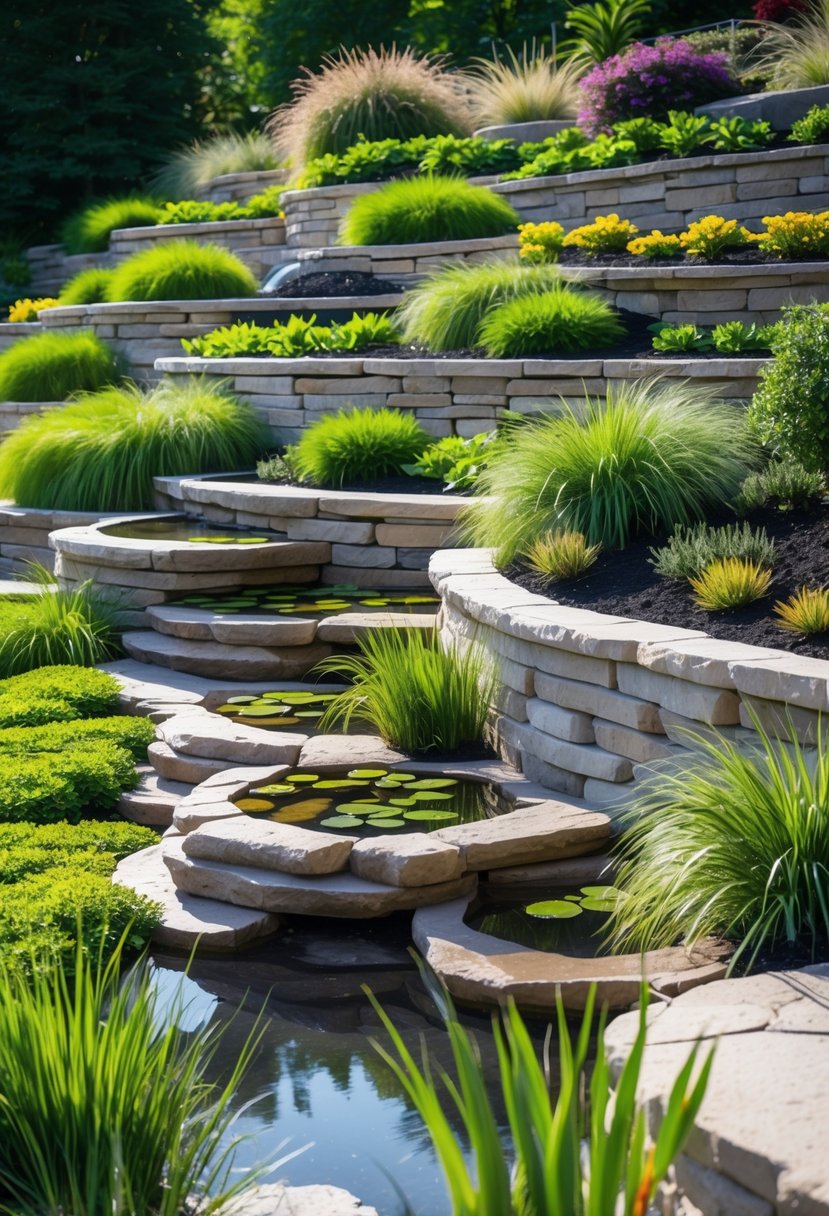 Steep garden terraces with small rock ponds surrounded by green plants and flowers.