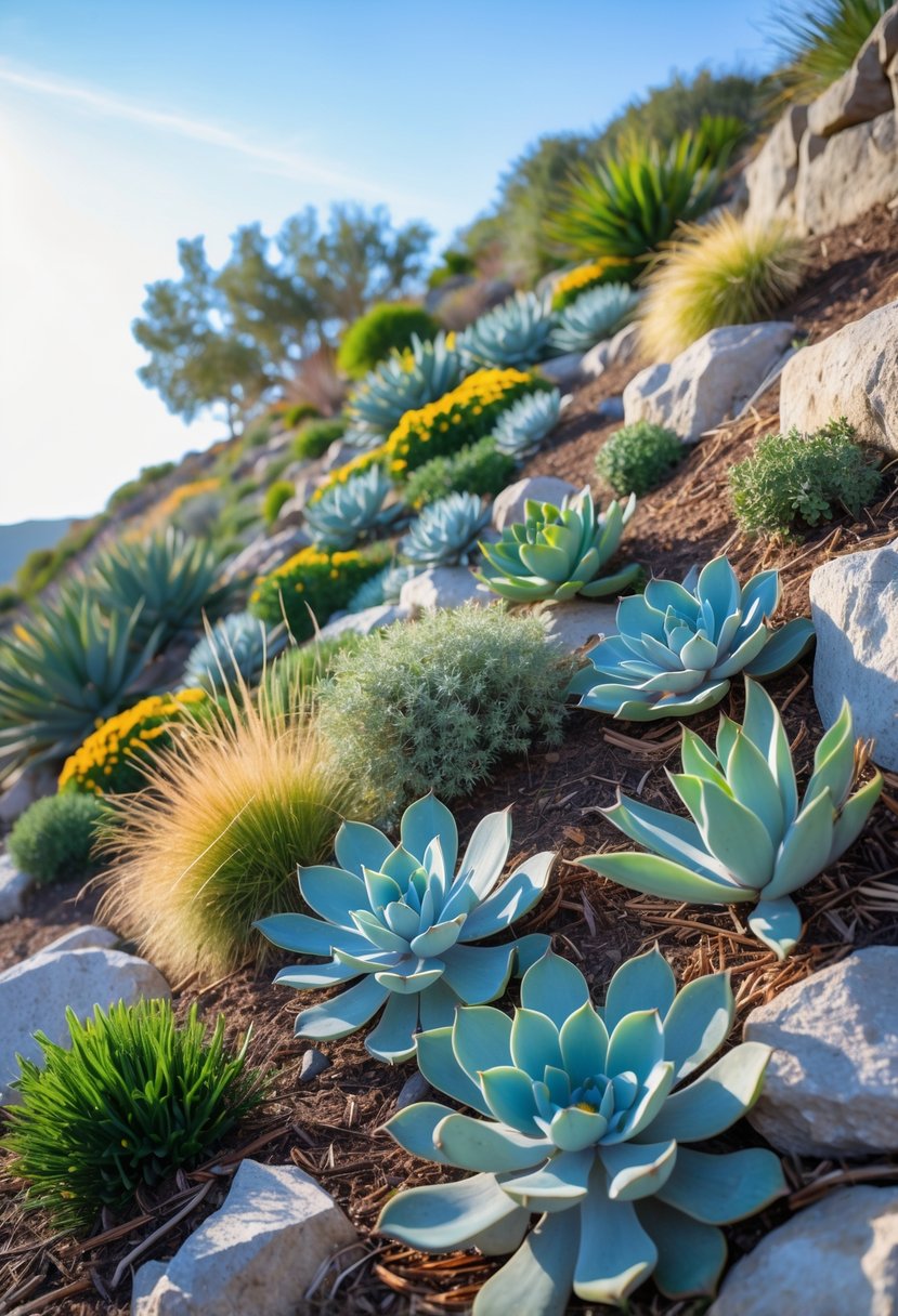 A steep garden bank planted with various drought-tolerant native plants including succulents and grasses under a clear sky.