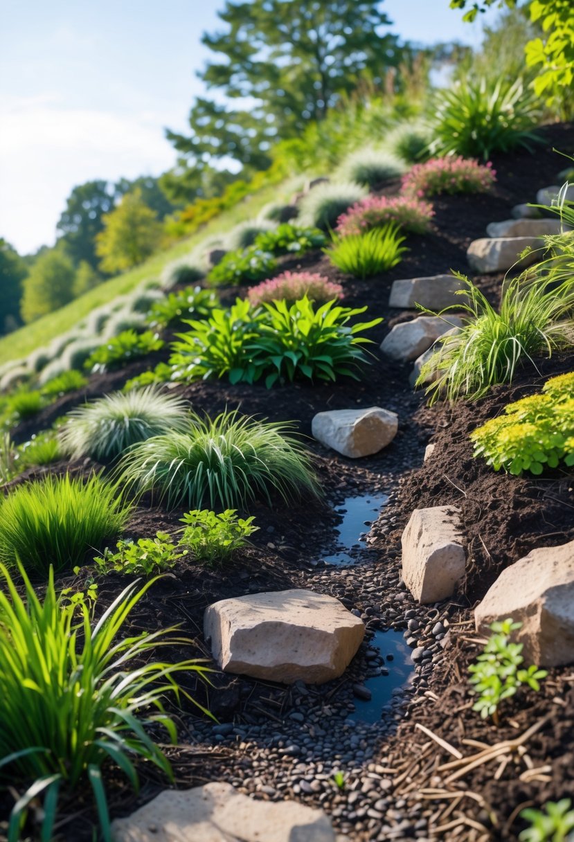 A steep garden with layered plants and rocks designed to manage rainwater runoff and prevent soil erosion.