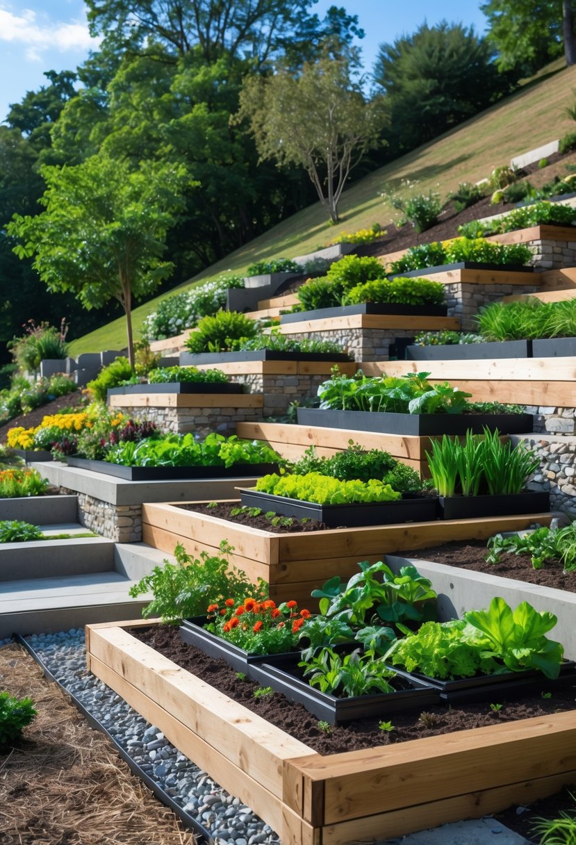 A steep garden bank with flat terraces featuring raised wooden planter boxes filled with plants and flowers under a clear sky.