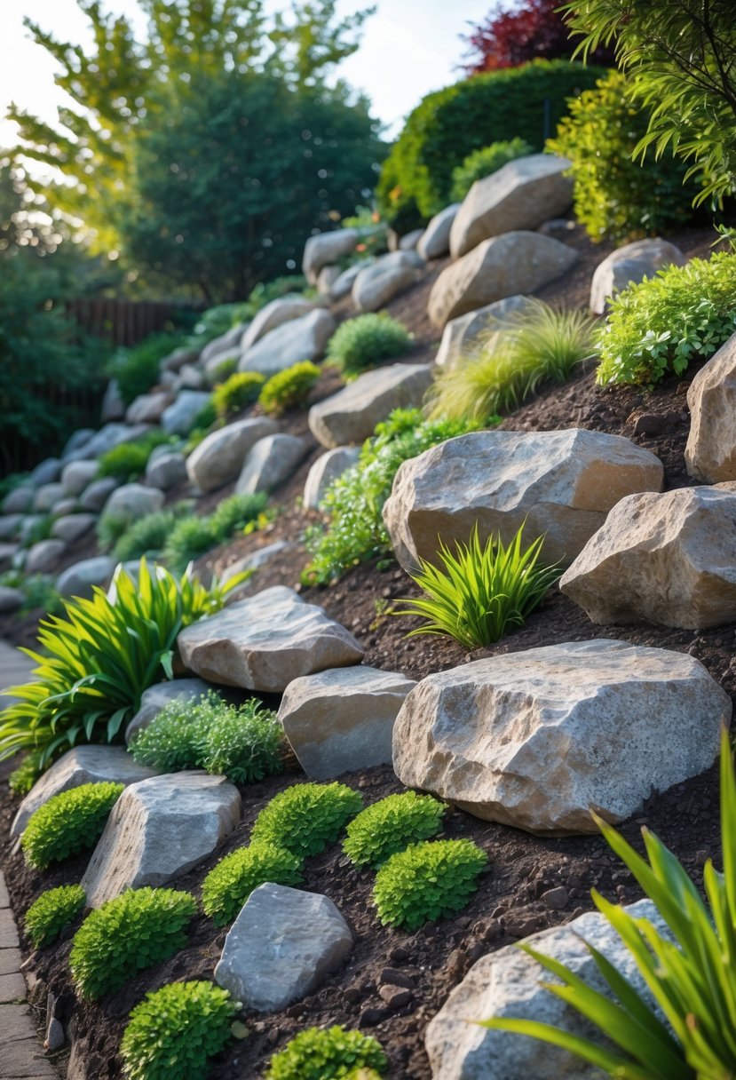 A steep garden bank with large boulders and rocks surrounded by green plants and ground cover.