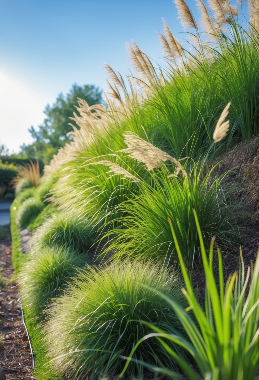 A steep garden bank covered with tall ornamental grasses gently swaying in the breeze under a clear sky.