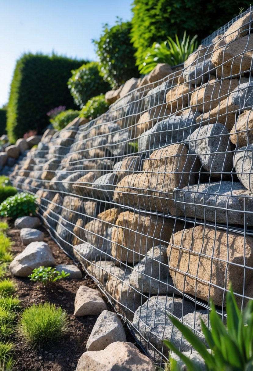 Steep garden bank supported by gabion walls made of wire mesh cages filled with rocks, surrounded by green plants and shrubs.