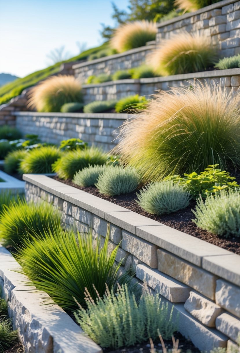 Terraced flower beds on a steep hillside planted with native grasses and natural stone retaining walls under a clear sky.