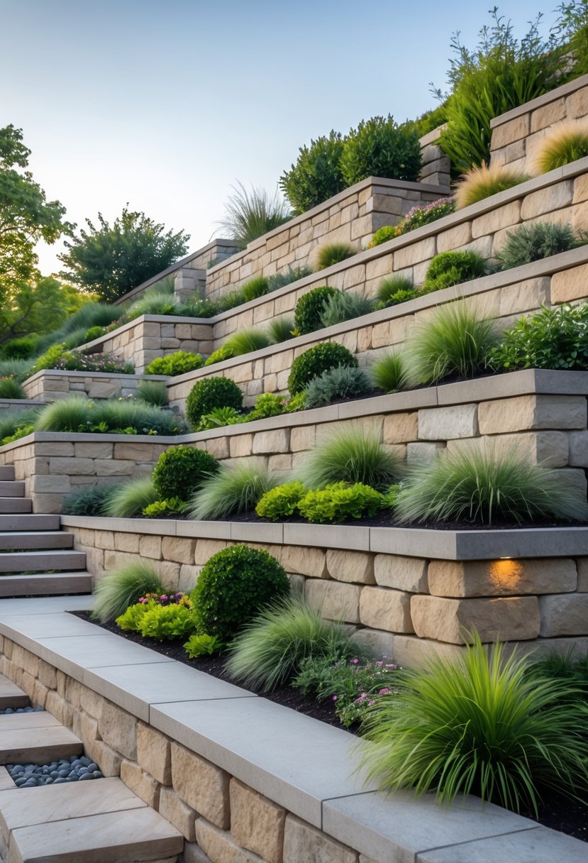 A steep garden with natural stone retaining walls and terraces filled with green plants and flowers.
