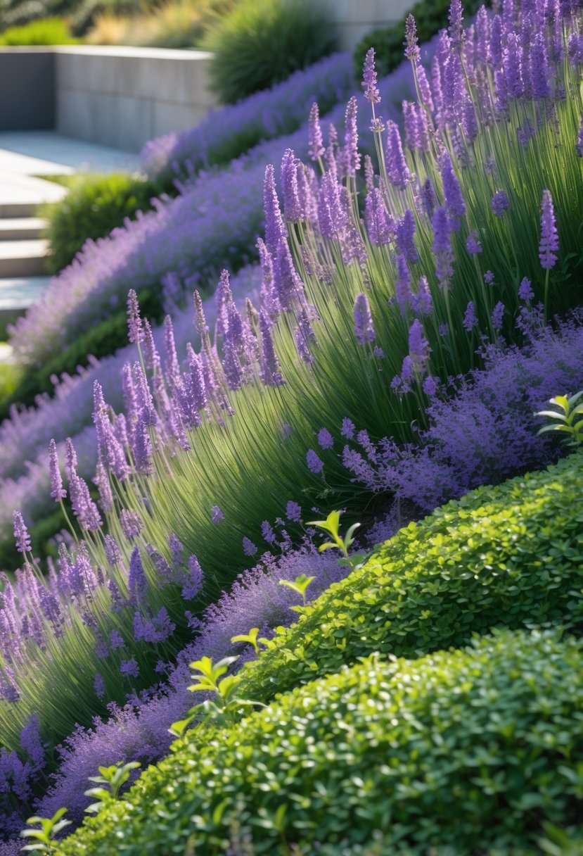 A steep garden slope covered with cascading purple lavender flowers and green creeping thyme plants.