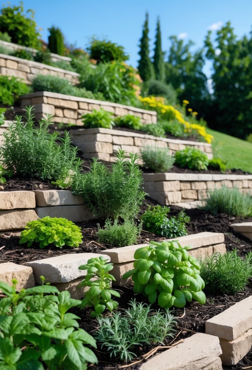 Terraced steep garden with stone walls planted with green rosemary and thyme herbs on a sunny day.