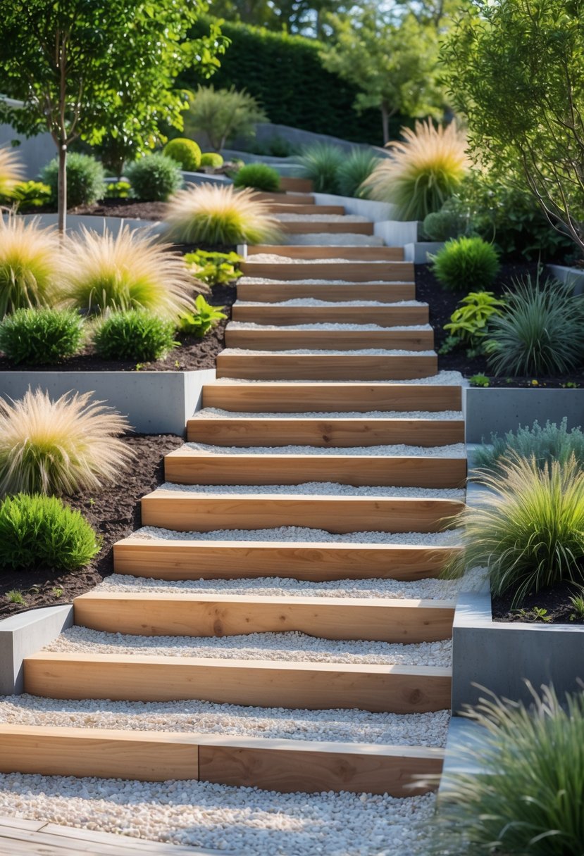 Steep garden bank with stepped pathways made of wood and gravel surrounded by green plants.
