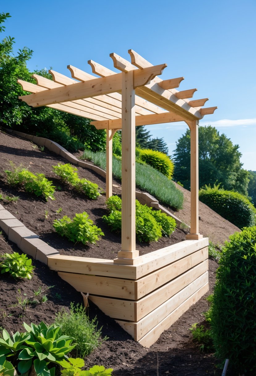 A wooden pergola installed on a steep garden slope surrounded by green plants under a clear sky.