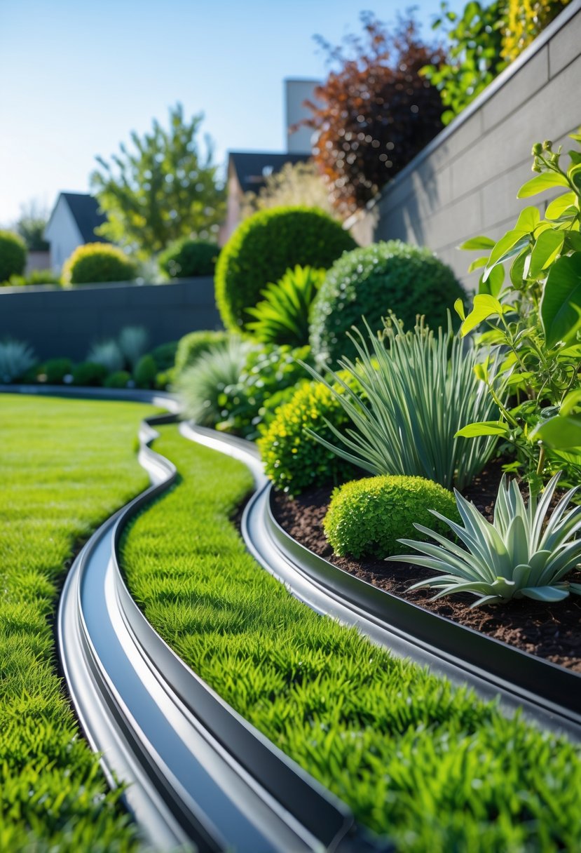 A steep garden bank with steel edging and various green plants under a clear sky.