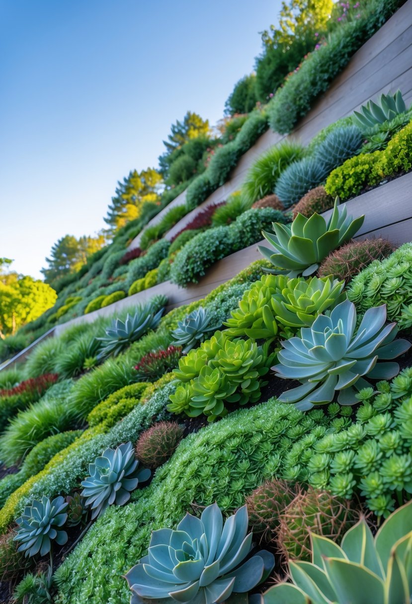 A steep garden slope densely covered with green sedum ground cover plants under clear daylight.