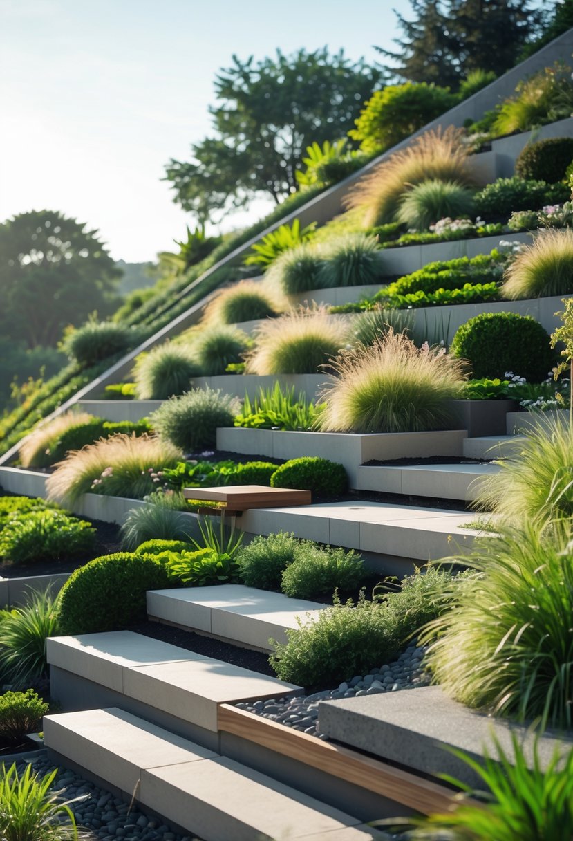 Terraced garden on a steep slope with built-in stone and wood seating areas surrounded by green plants and flowers.