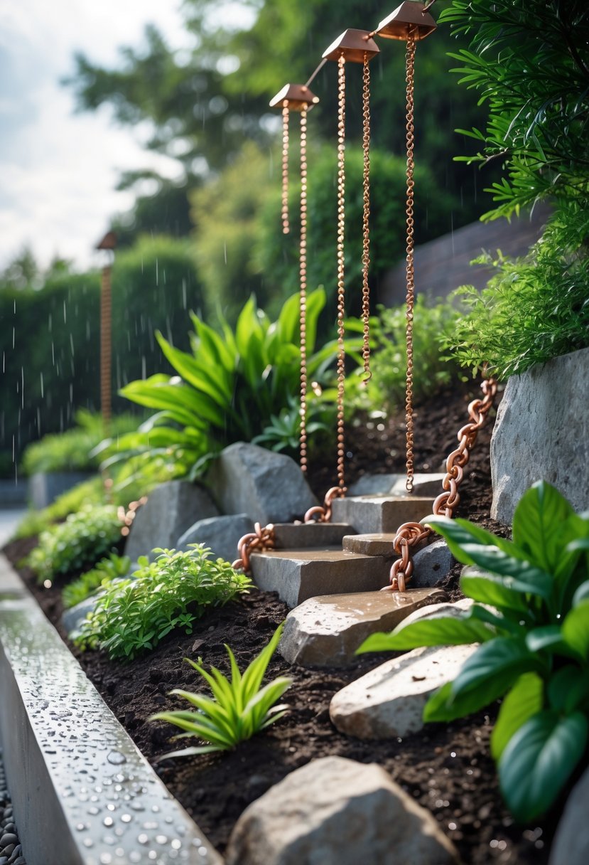 Steep garden bank with rain chains guiding water surrounded by green plants and stones.