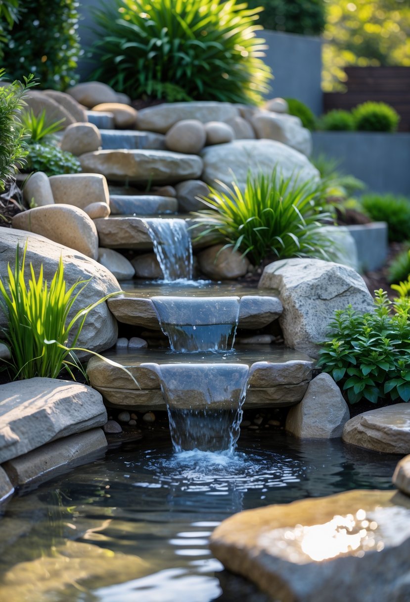 A garden with a small waterfall flowing down a steep bank surrounded by stones and green plants.