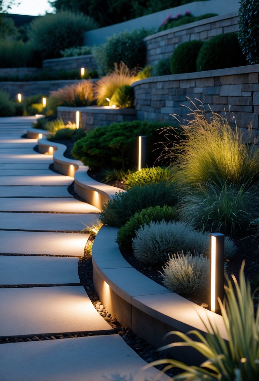 Outdoor garden paths on a steep bank lit by modern pathway lights surrounded by plants and greenery during early evening.