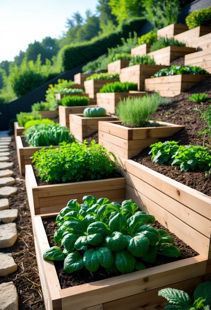 Raised wooden vegetable beds arranged on a steep garden slope with green plants and stone pathways.