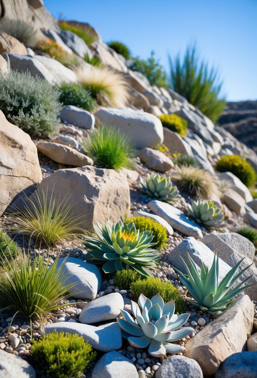 A steep rock garden with drought-tolerant plants and natural stones under a clear sky.