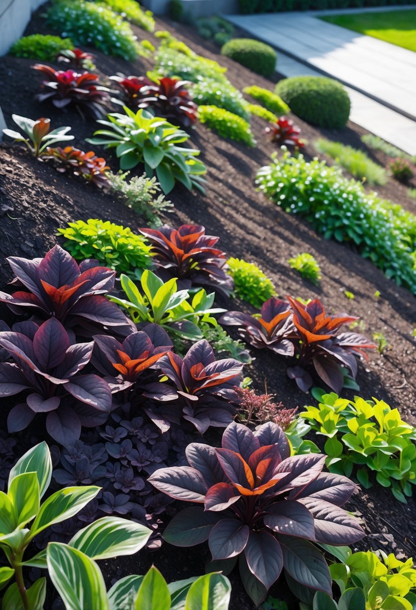 A steep garden bank densely covered with colorful Ajuga ground cover plants in shades of purple, green, and bronze.