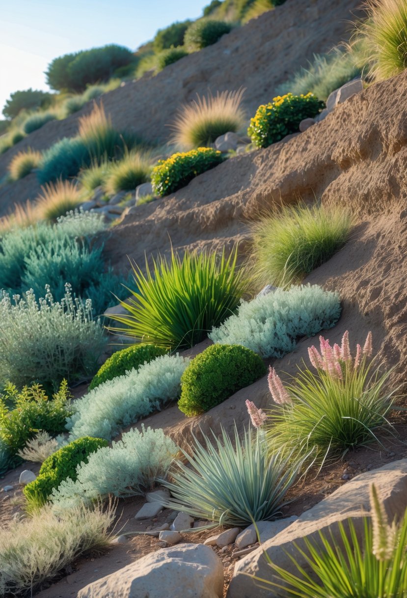 A steep garden bank covered with various low-maintenance native plants, including shrubs, grasses, and flowering plants growing among rocks and soil.
