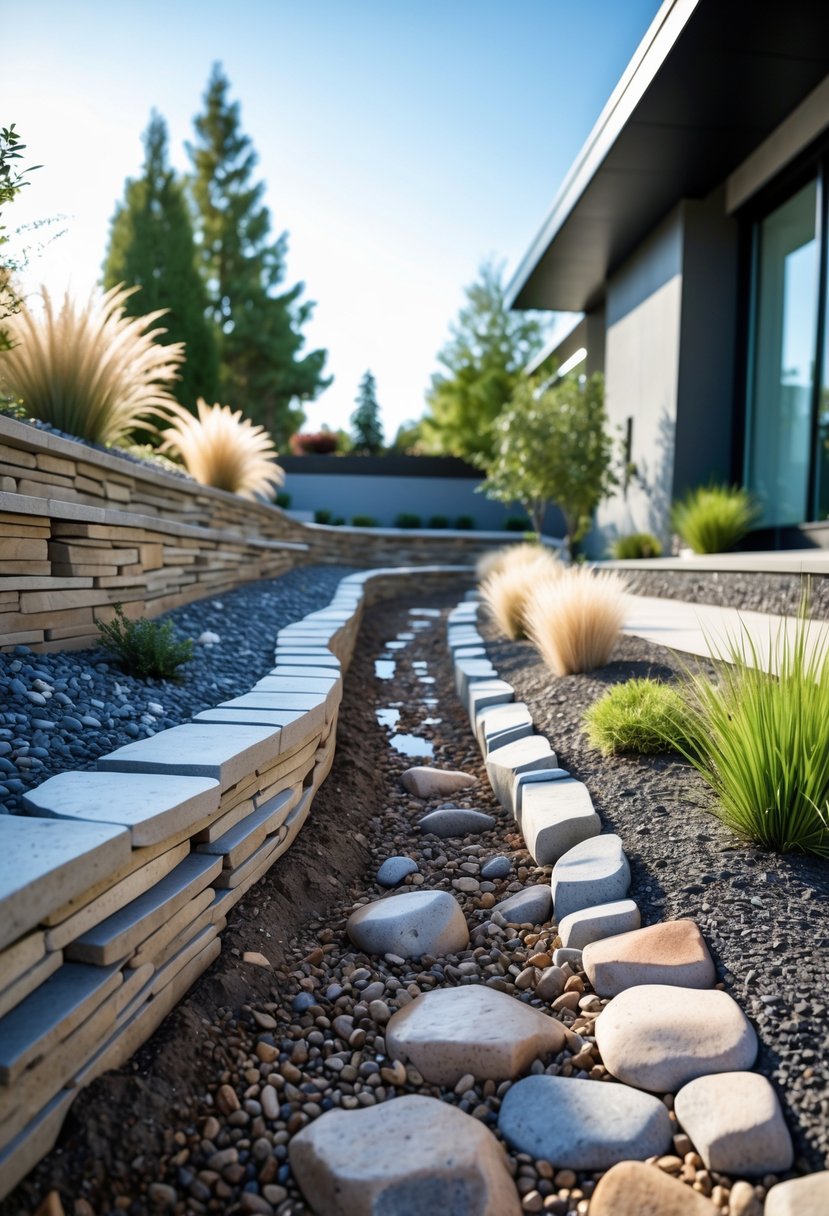 Dry creek bed with stones and plants along a steep garden bank under a clear sky.