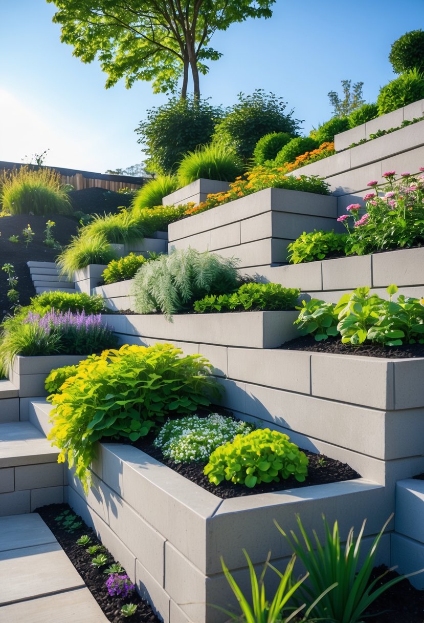 A steep garden with vertical plants growing on retaining walls, featuring green foliage and colorful flowers.